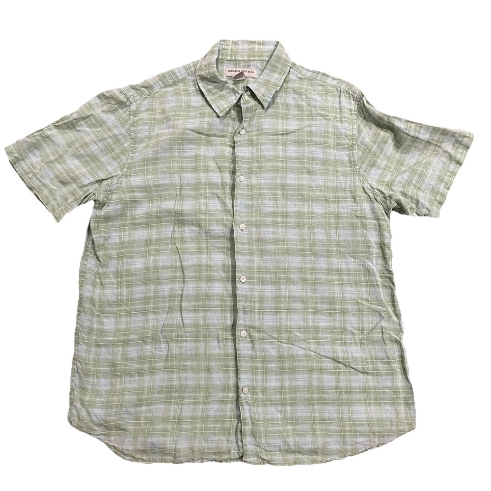Banana Republic Shirt Mens XL Green Plaid Linen Short Sleeve 100% Linen Beach‎